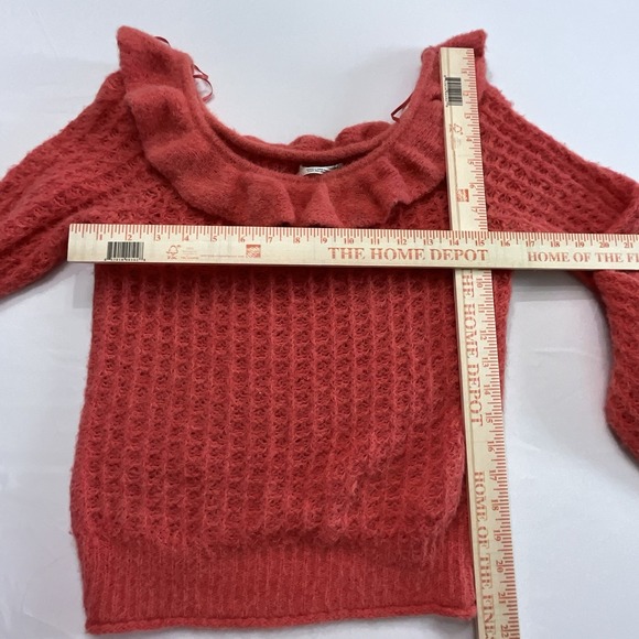 Anthropologie Ruffled Collar Knit Sweater Coral Red Textured Cute Top Y2K - Picture 8 of 9